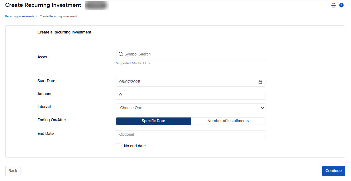 The create recuring investment panel in portal. 